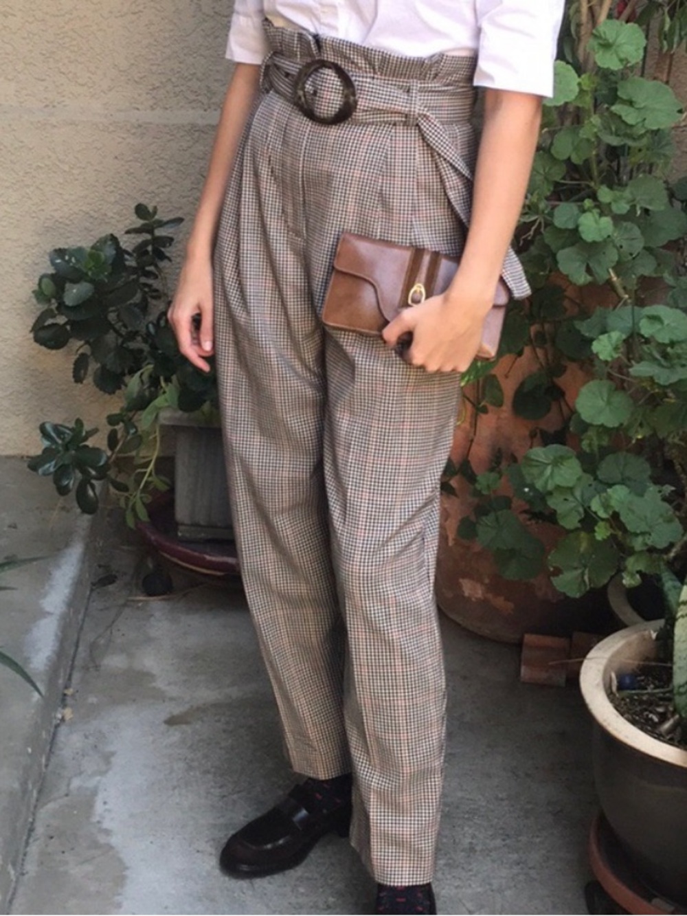 Mango High-Waist Paperbag Houndstooth Paperbag Trousers with Belt and Pockets